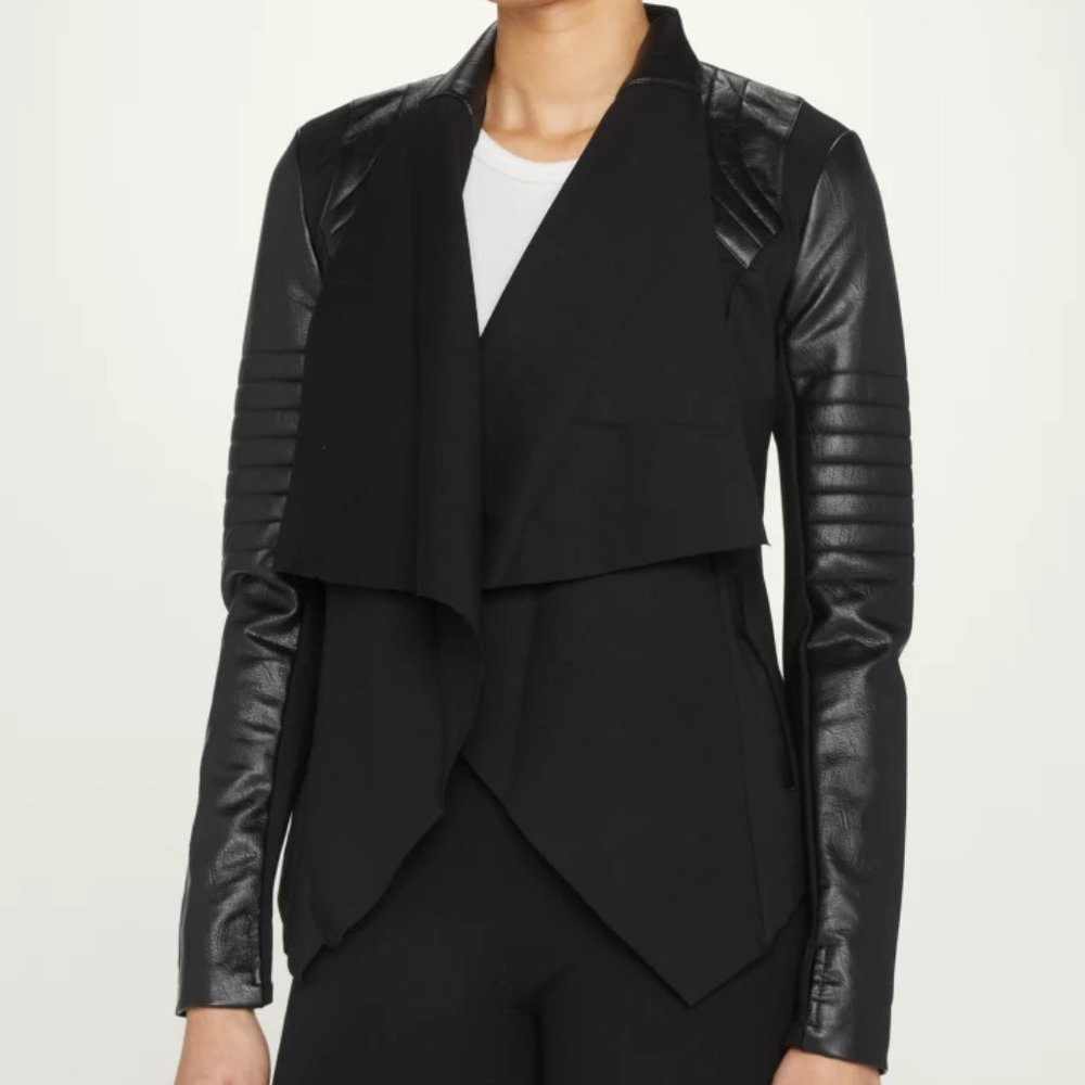 Blanc Noir Drape-Front Quilted Faux-Leather Jacket, Black, Size Medium